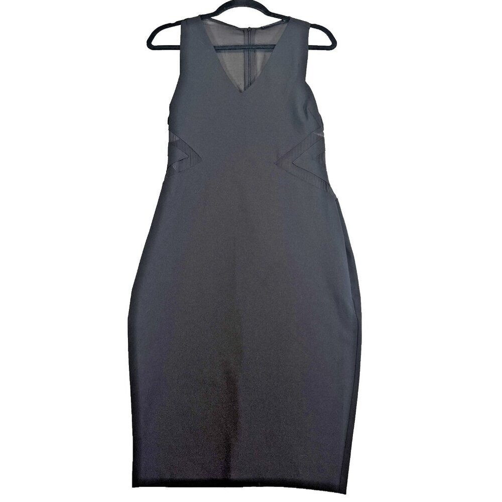 Zara Black Little Dress Side Mesh Panels Fitted Midi Length Sleeveless Sz Large